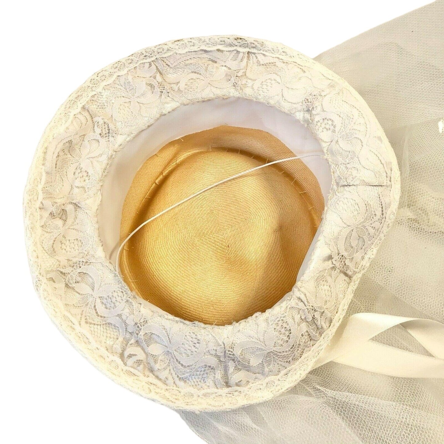 Lacy White Skimmer Style Wedding Hat with Full Veil Bridal Event Worthy
