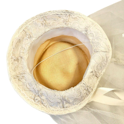 Lacy White Skimmer Style Wedding Hat with Full Veil Bridal Event Worthy