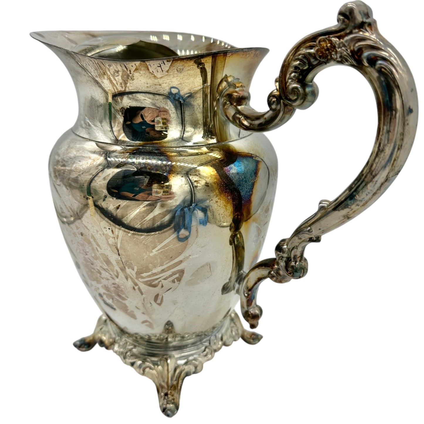 Vintage Oneida Silver Plated Water Pitcher With Ornate Handle Footed Base