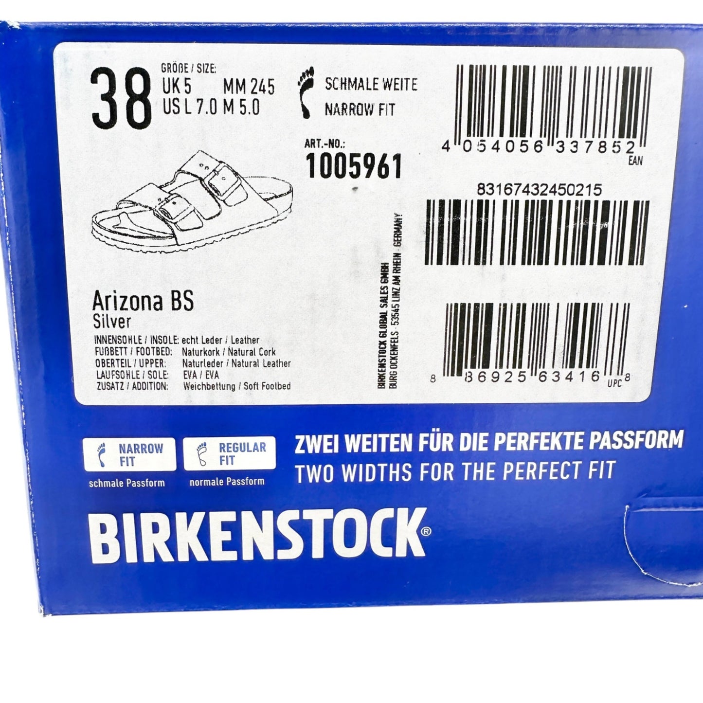Birkenstock Arizona BS Silver Womens Sandals Size 38 Narrow Fit Soft Footbed 7US