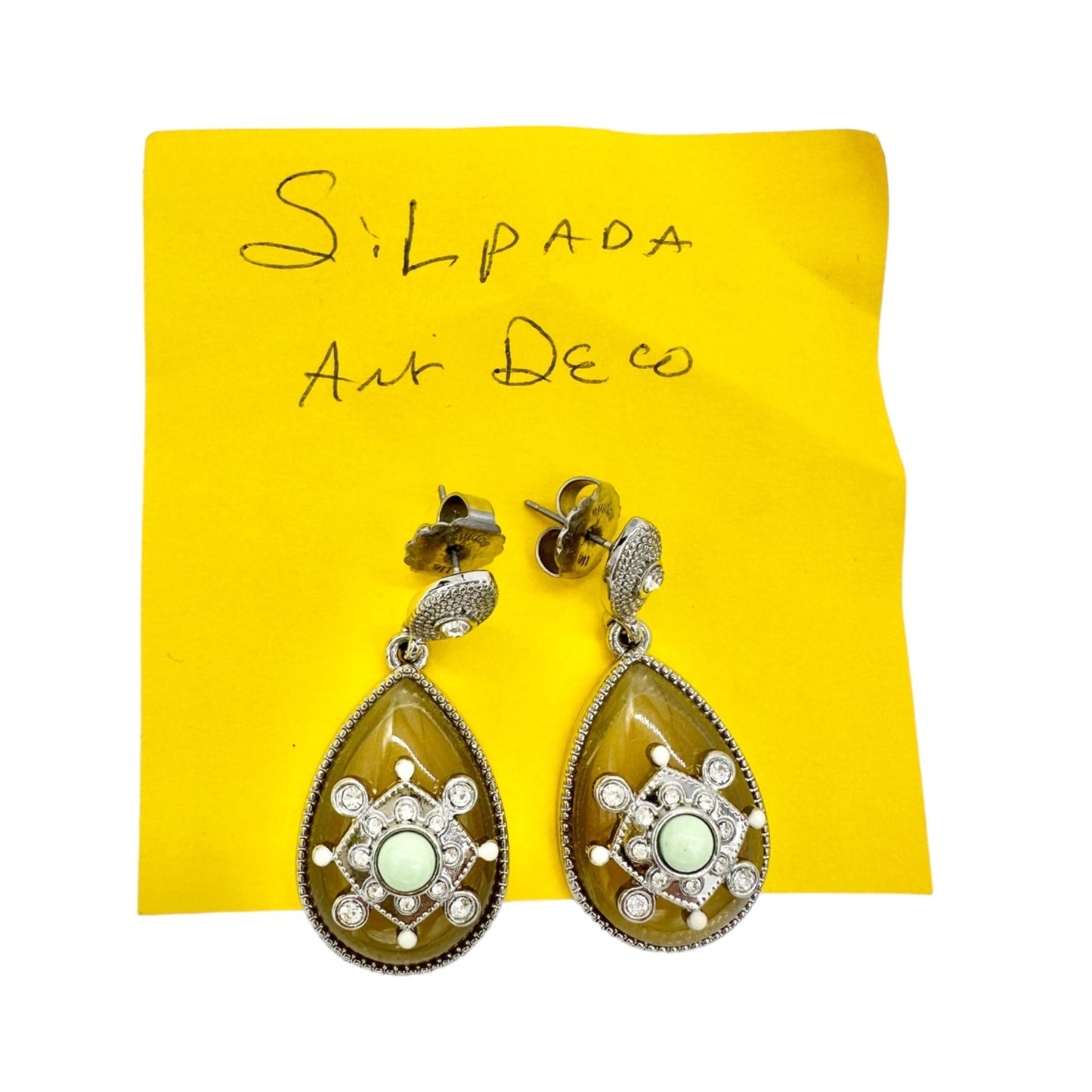 Lia Sophia Art Deco Dangle Earrings Silvertone Clear Gems Yellow Stone Green Bead