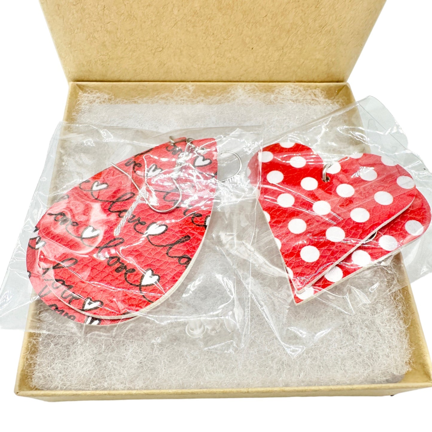 Two Pairs of Valentines Earrings 1 Heart 1 Teardop Red White Faux Leather NEW