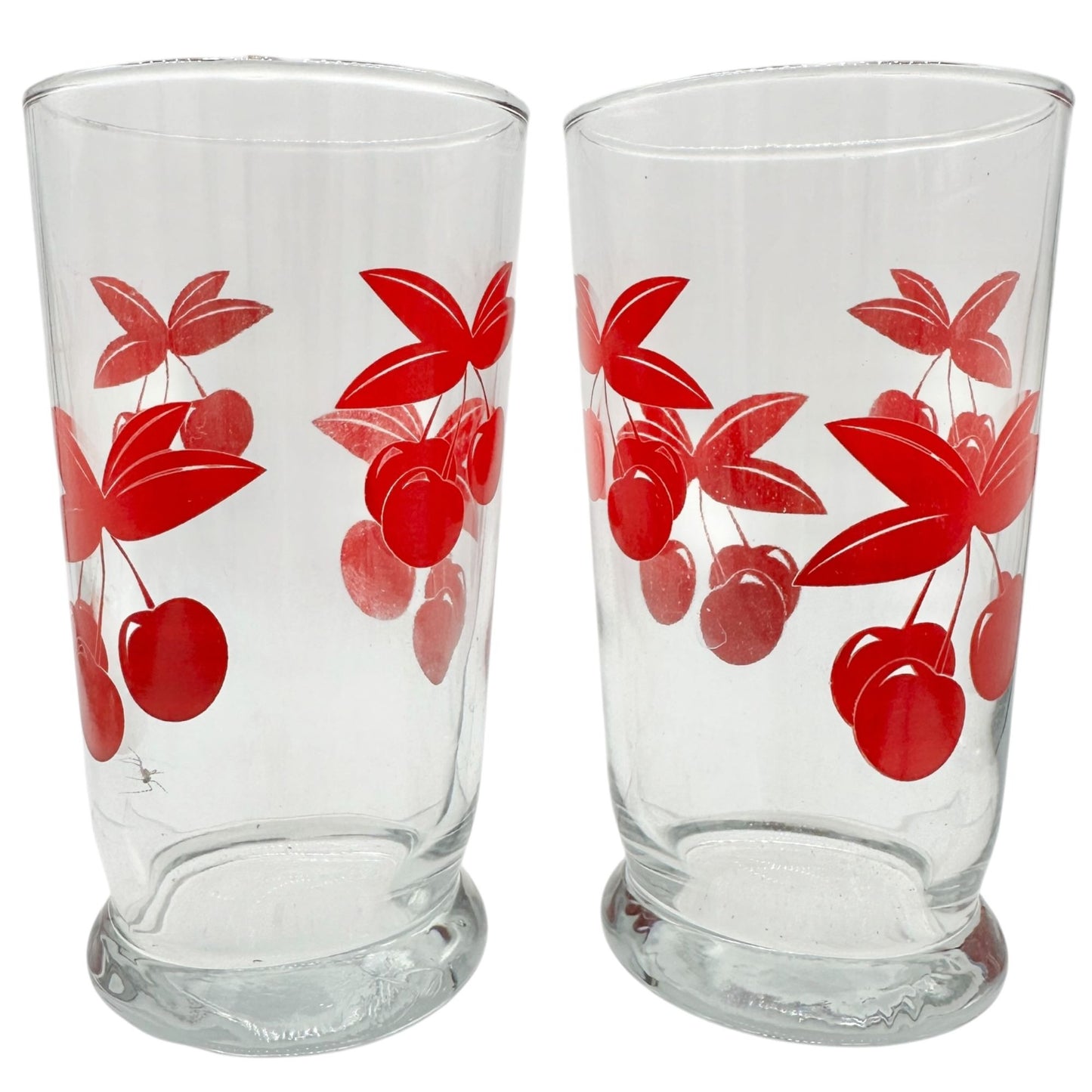 Set Of 2 Vintage Clear Glass Tumblers Red Cherry Print 6 Oz Retro Drinkware