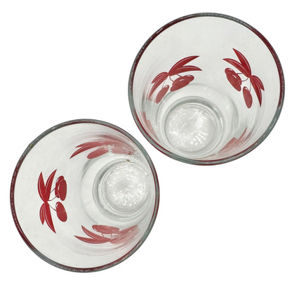 Set Of 2 Vintage Clear Glass Tumblers Red Cherry Print 6 Oz Retro Drinkware