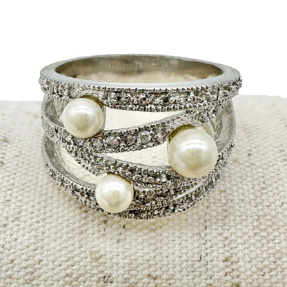 Premier Designs Silver Tone Ring With Simulated Pearls and Rhinestones Size 10