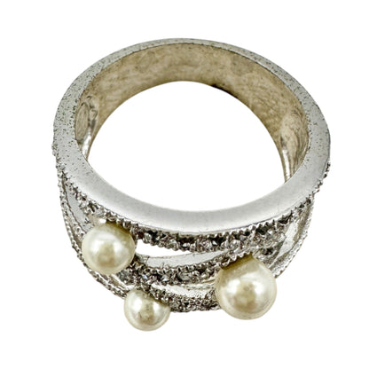 Premier Designs Silver Tone Ring With Simulated Pearls and Rhinestones Size 10