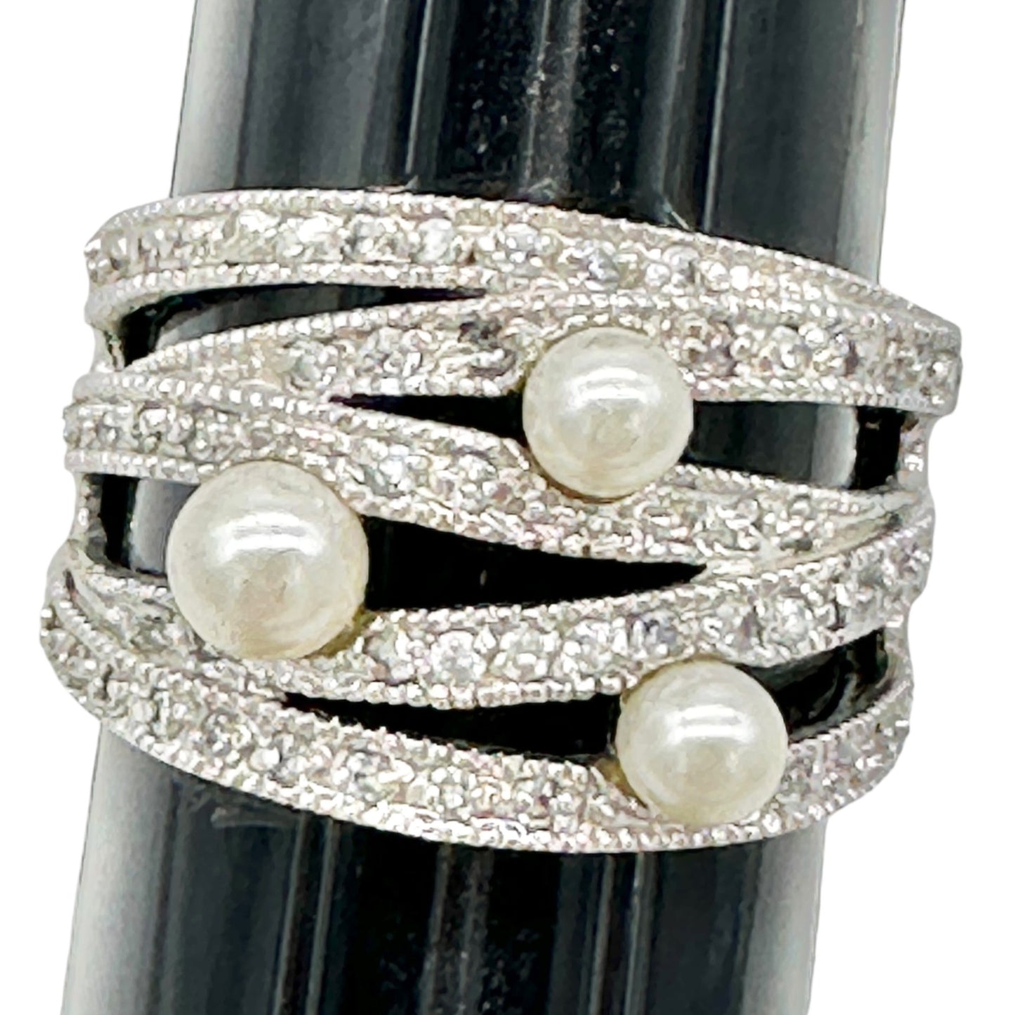 Premier Designs Silver Tone Ring With Simulated Pearls and Rhinestones Size 10