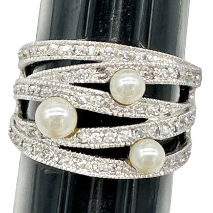 Premier Designs Silver Tone Ring With Simulated Pearls and Rhinestones Size 10
