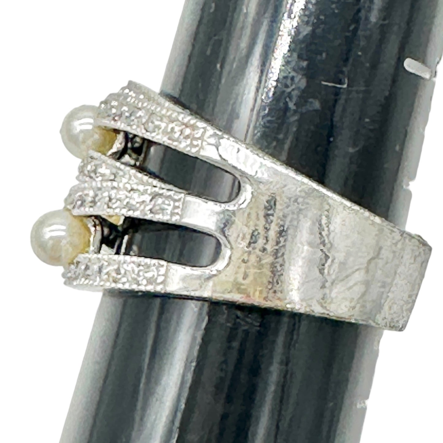 Premier Designs Silver Tone Ring With Simulated Pearls and Rhinestones Size 10