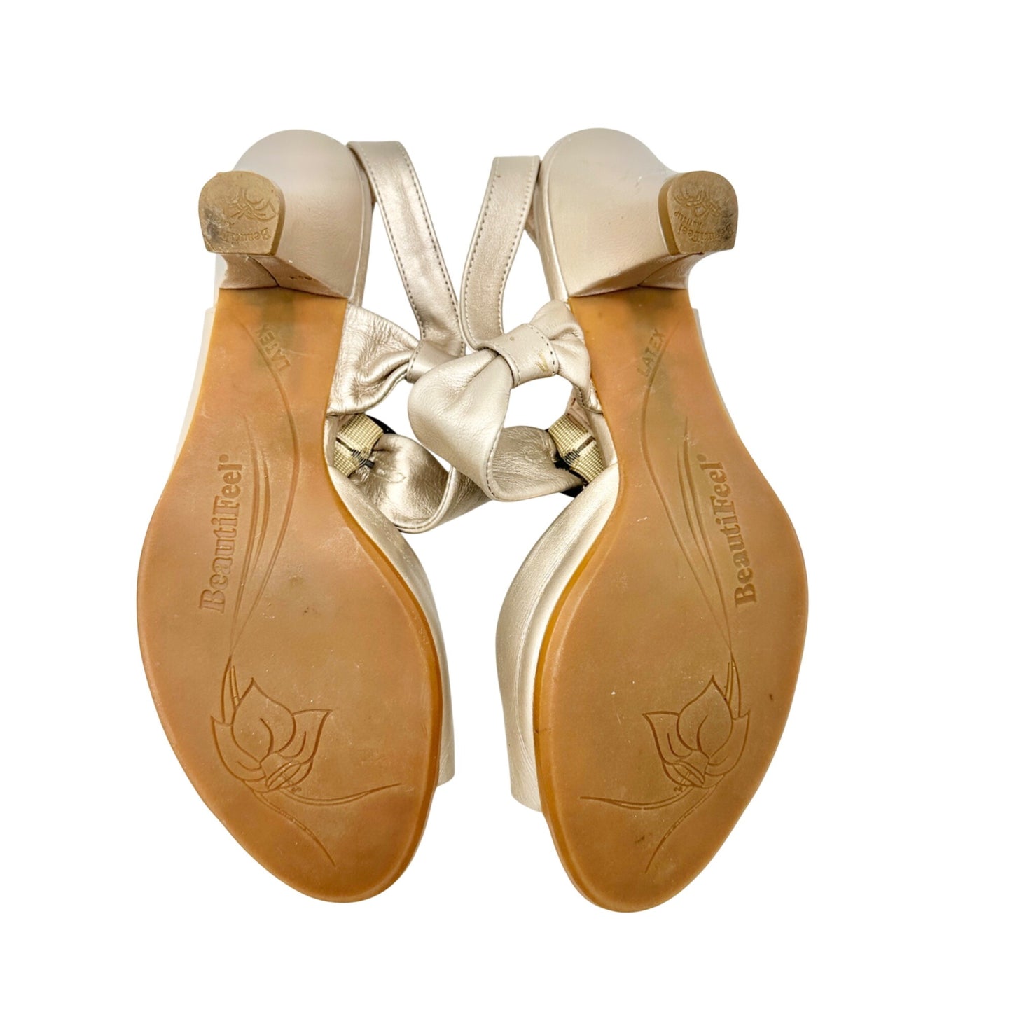BeautiFeel Heeled Sandals Womens Size 8 Gold Leather With Decorative Buckles