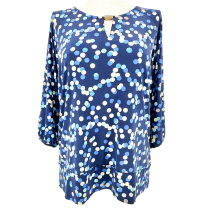JM Collection Top Womens 2X Polka Dot Navy Blue LS Scoop Neck Keyhole Accent