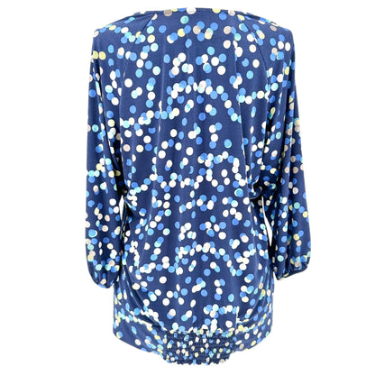 JM Collection Top Womens 2X Polka Dot Navy Blue LS Scoop Neck Keyhole Accent