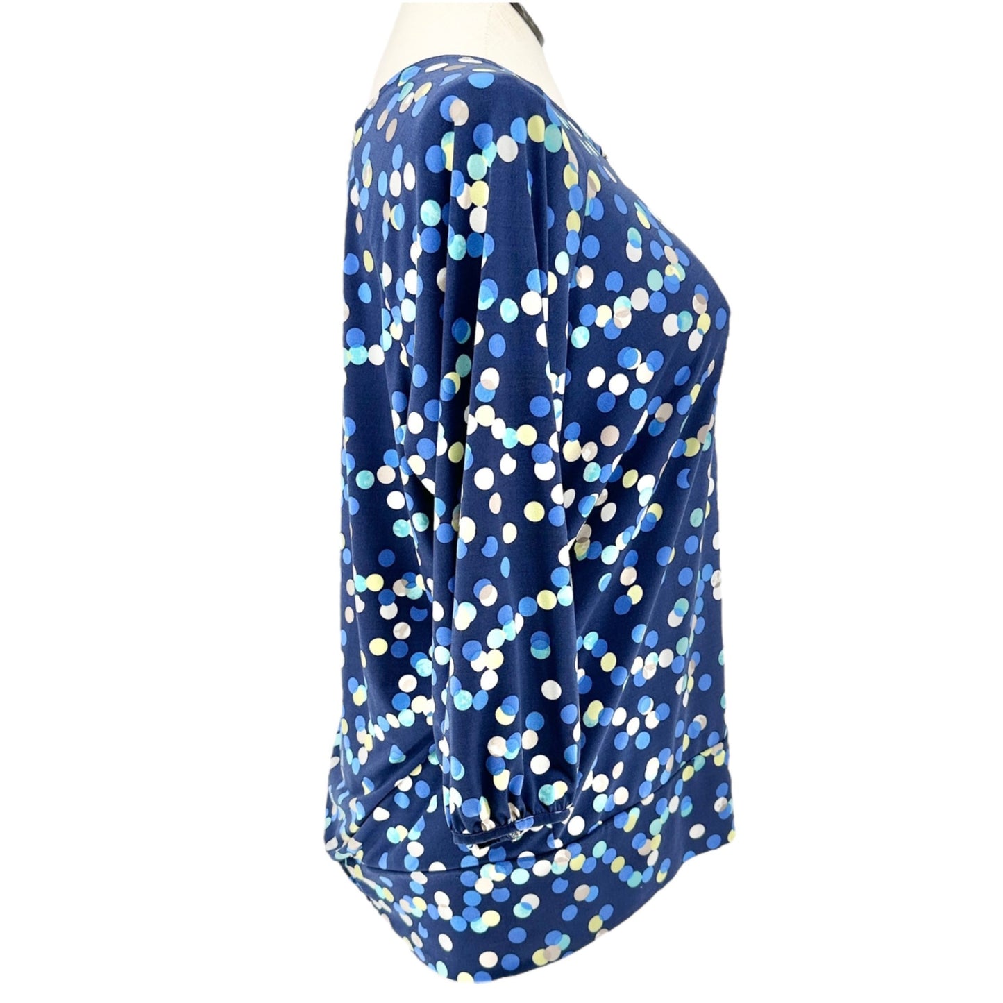 JM Collection Top Womens 2X Polka Dot Navy Blue LS Scoop Neck Keyhole Accent