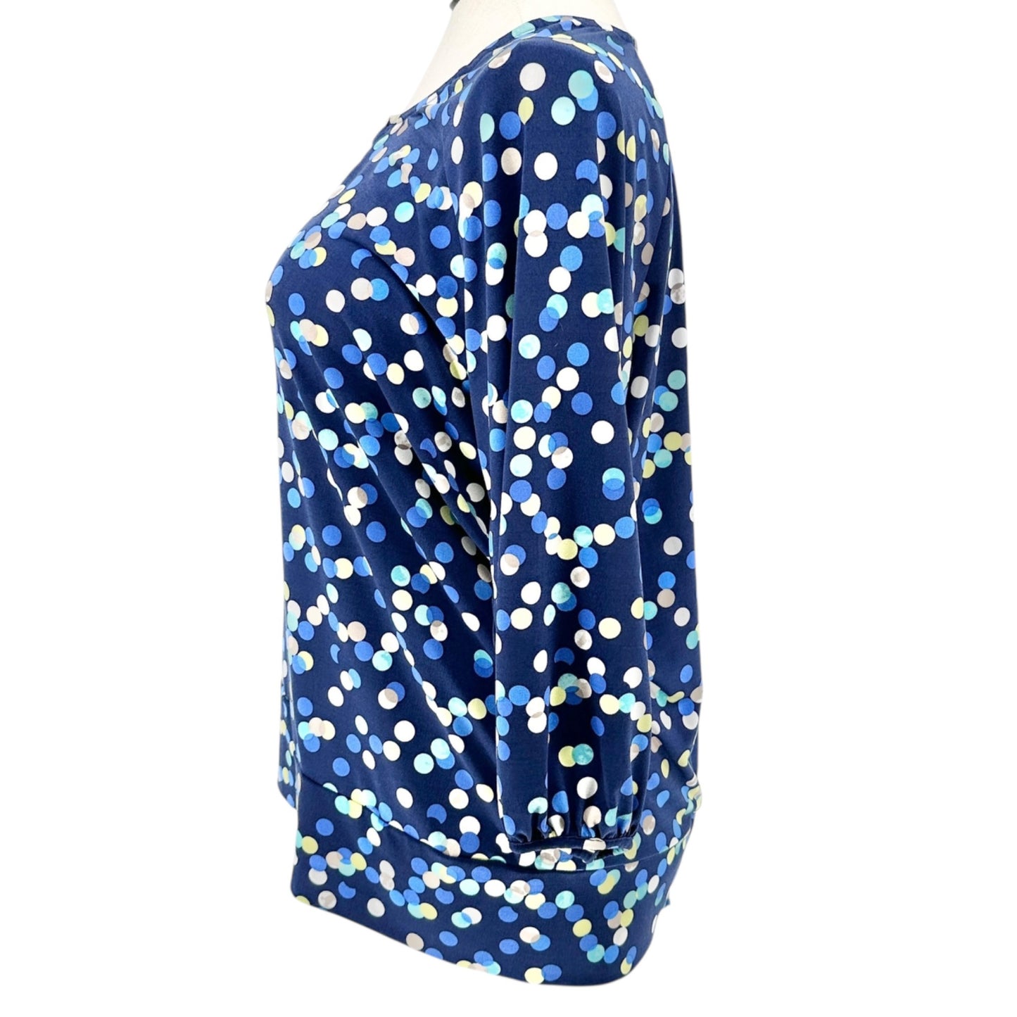 JM Collection Top Womens 2X Polka Dot Navy Blue LS Scoop Neck Keyhole Accent