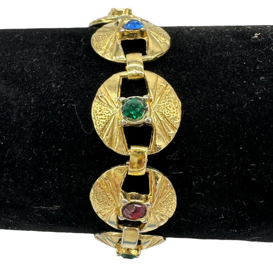 Vintage Goldtone Bracelet With Multicolor Faux Gemstones Textured Oval Links 7"