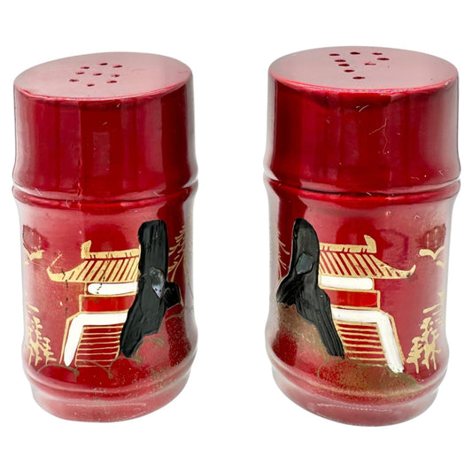 Vtg Red Ceramic Asian-Style Salt and Pepper Shaker Set Hand-Painted Pagoda Crane