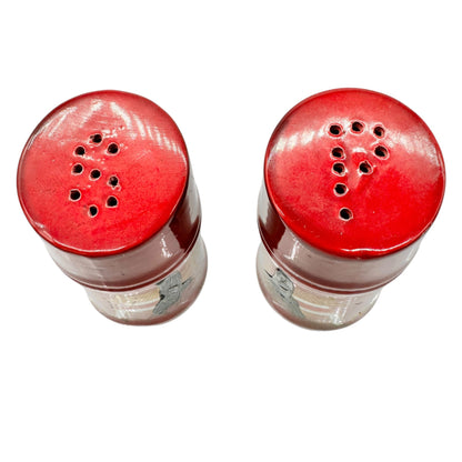 Vtg Red Ceramic Asian-Style Salt and Pepper Shaker Set Hand-Painted Pagoda Crane