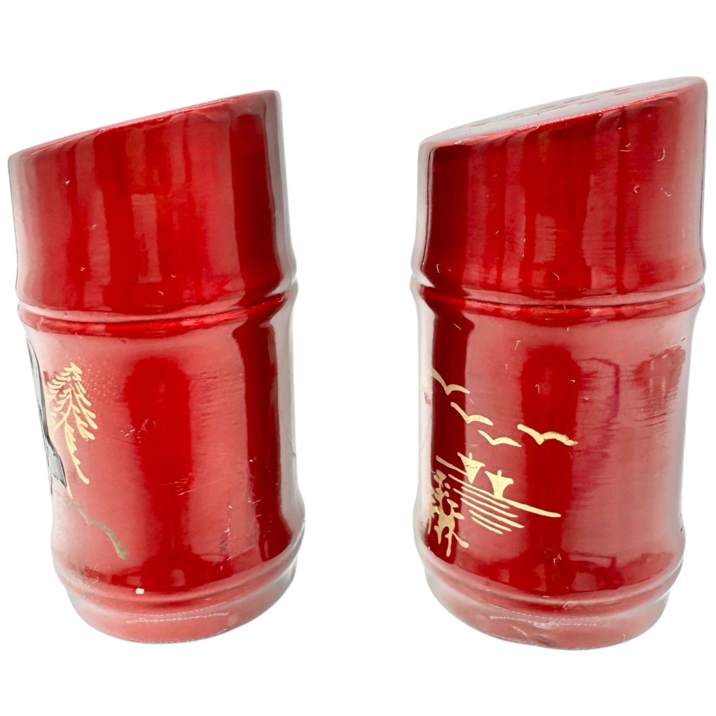 Vtg Red Ceramic Asian-Style Salt and Pepper Shaker Set Hand-Painted Pagoda Crane