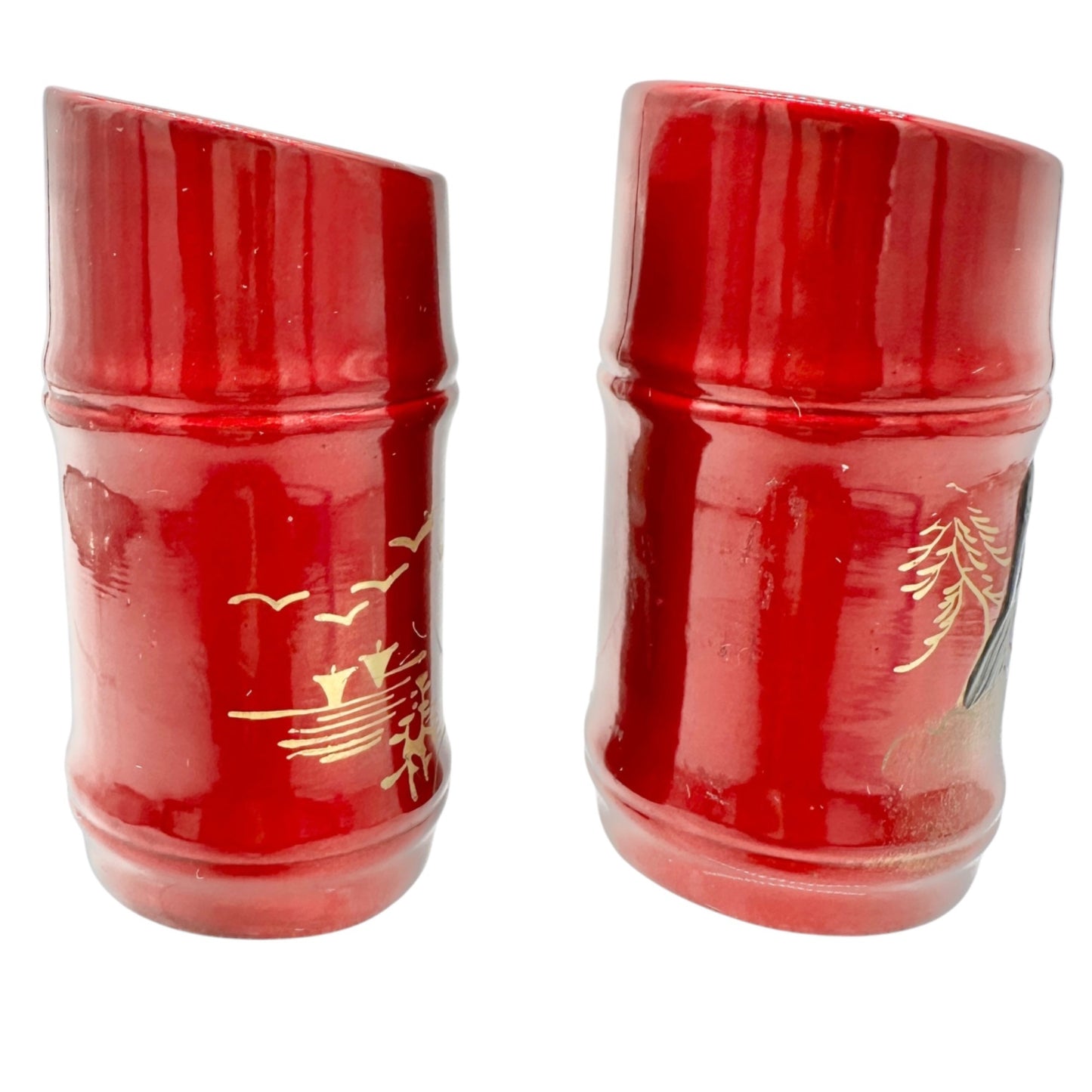 Vtg Red Ceramic Asian-Style Salt and Pepper Shaker Set Hand-Painted Pagoda Crane