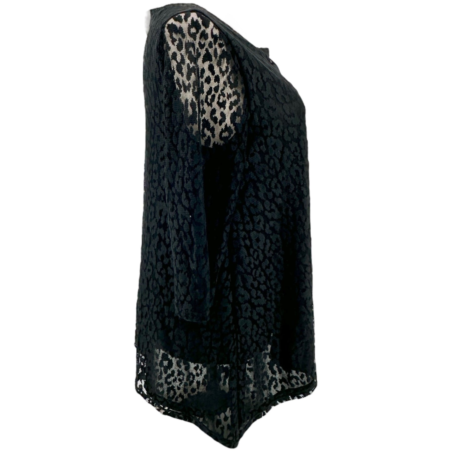 Chicos Burnout Tunic Top Size 2 L 12 Black Lace Sheer 3/4 Sleeves Nylon Poly