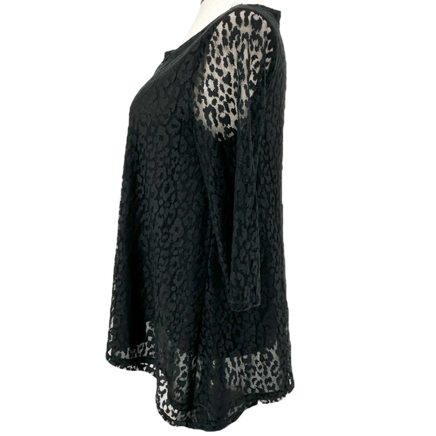 Chicos Burnout Tunic Top Size 2 L 12 Black Lace Sheer 3/4 Sleeves Nylon Poly