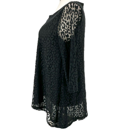 Chicos Burnout Tunic Top Size 2 L 12 Black Lace Sheer 3/4 Sleeves Nylon Poly