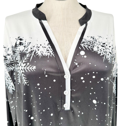Snowflake Print Womens Top fits like 3XL US Black White LS V-Neck Poly Spandex