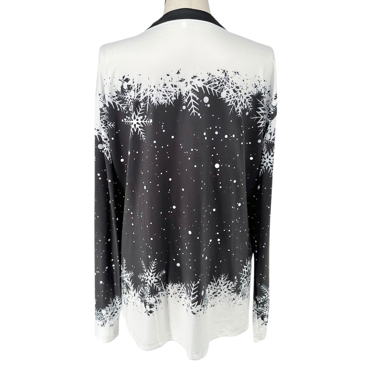 Snowflake Print Womens Top fits like 3XL US Black White LS V-Neck Poly Spandex