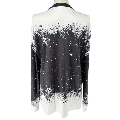 Snowflake Print Womens Top fits like 3XL US Black White LS V-Neck Poly Spandex