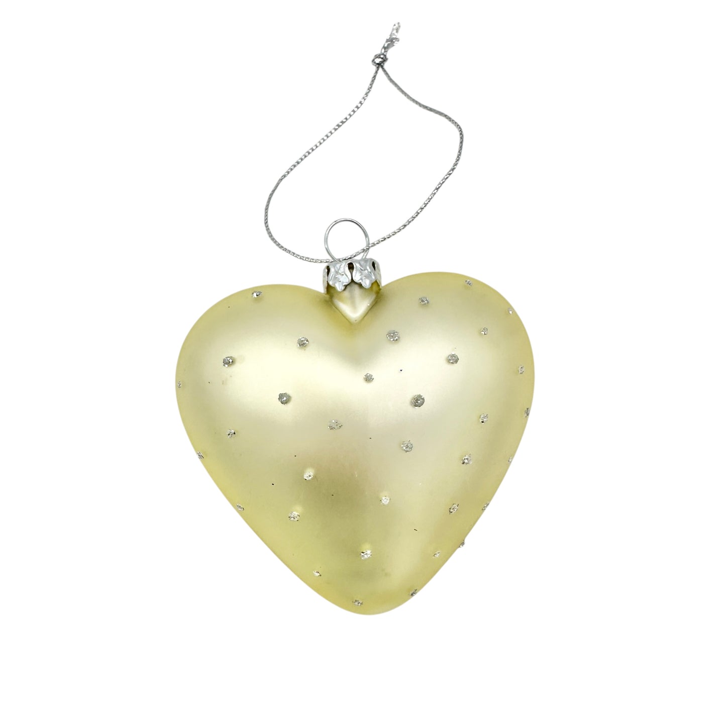 Heart Shaped Ornament Blown Glass Light Yellow with Rhinestone Bling