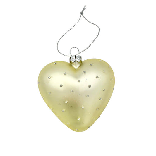 Heart Shaped Ornament Blown Glass Light Yellow with Rhinestone Bling