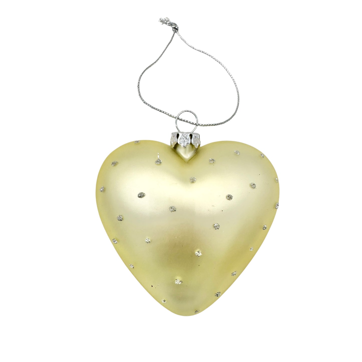 Heart Shaped Ornament Blown Glass Light Yellow with Rhinestone Bling