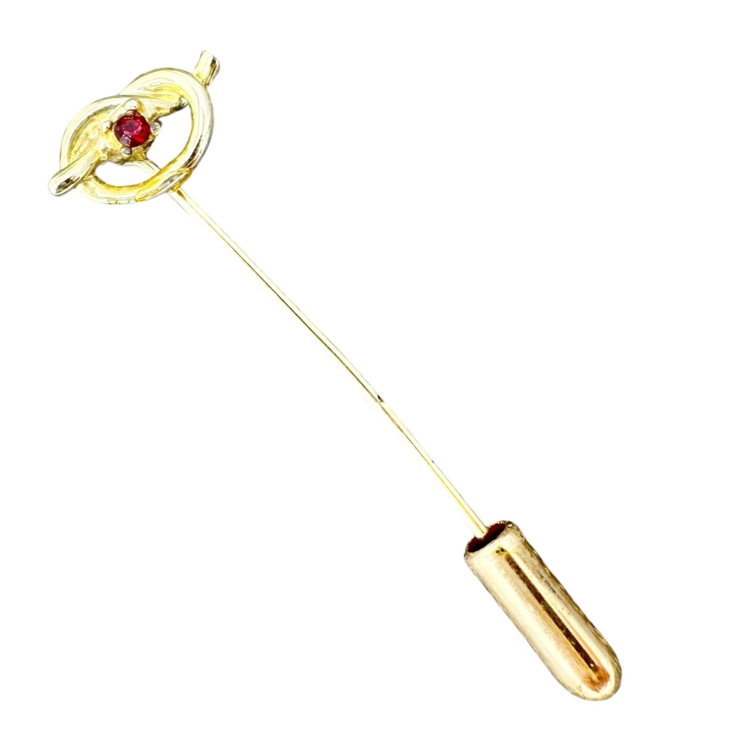 Goldtone Knot Stick Pin Brooch With Red Rhinestone Accent Jewelry Accessory 2 in