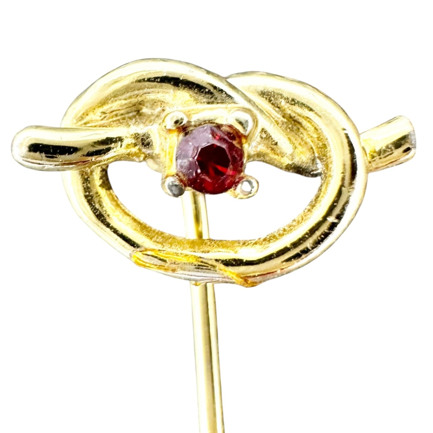 Goldtone Knot Stick Pin Brooch With Red Rhinestone Accent Jewelry Accessory 2 in