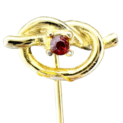 Goldtone Knot Stick Pin Brooch With Red Rhinestone Accent Jewelry Accessory 2 in