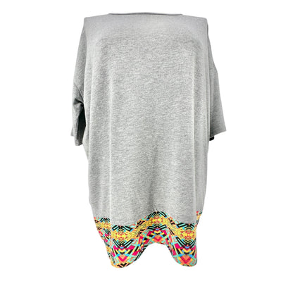 LuLaRoe Irma Tunic Top Womens Large Gray with Colorful Tribal Hi Lo Hem SS