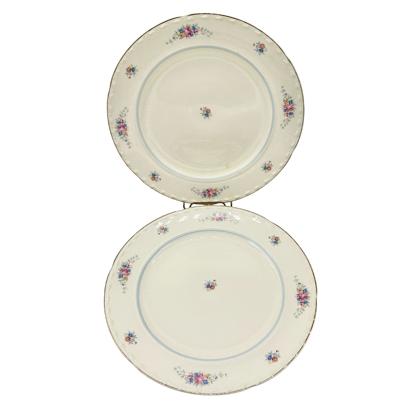 Crooksville China Co Set of 2 Plates 10 inch Cream Gold Trim Blue Pink Florals