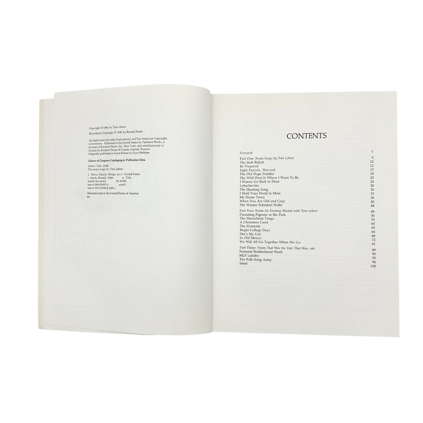 Too Many Songs By Tom Lehrer Lyrics Sheet Music Book Drawings By Ronald Searle