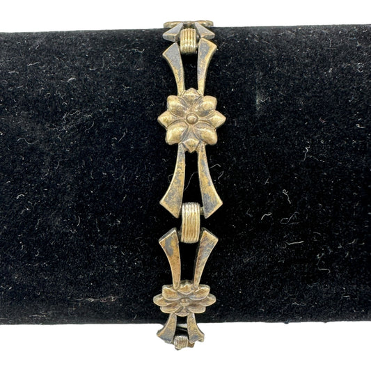 Vintage Floral Link Bracelet With Art Deco Design In Aged Gold-Tone Metal 7 Inch
