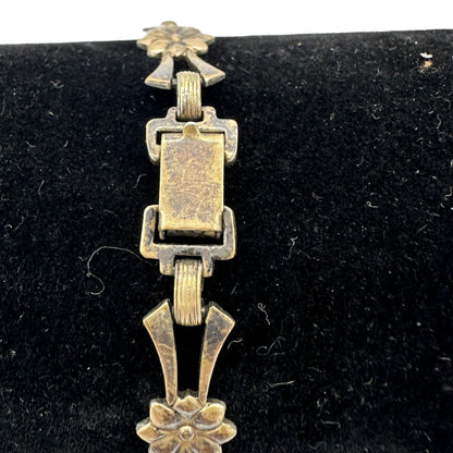 Vintage Floral Link Bracelet With Art Deco Design In Aged Gold-Tone Metal 7 Inch