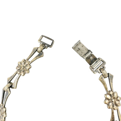 Vintage Floral Link Bracelet With Art Deco Design In Aged Gold-Tone Metal 7 Inch
