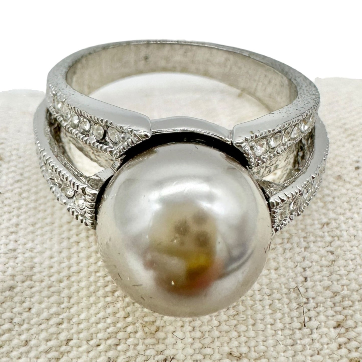 Premier Designs Silver Tone Ring Gray Faux Pearl and Rhinestone Accents Size 10
