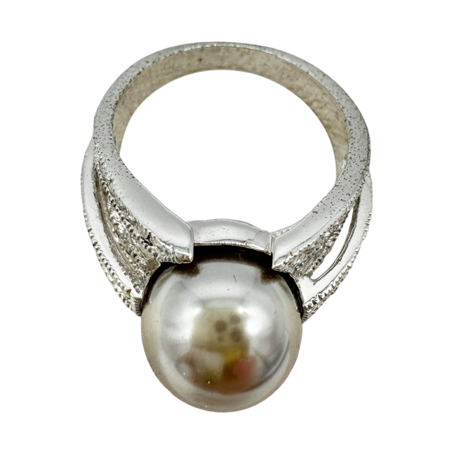 Premier Designs Silver Tone Ring Gray Faux Pearl and Rhinestone Accents Size 10