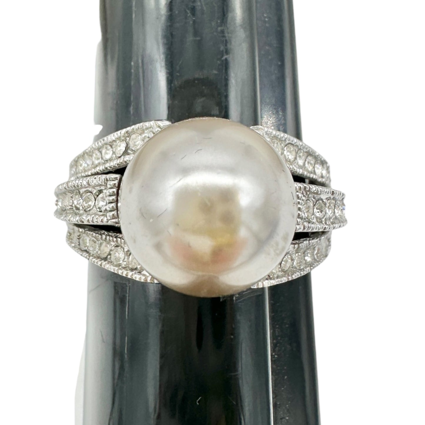 Premier Designs Silver Tone Ring Gray Faux Pearl and Rhinestone Accents Size 10