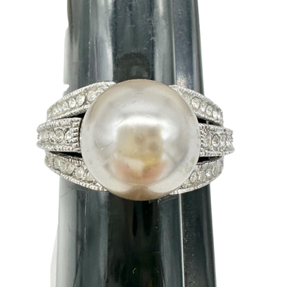 Premier Designs Silver Tone Ring Gray Faux Pearl and Rhinestone Accents Size 10