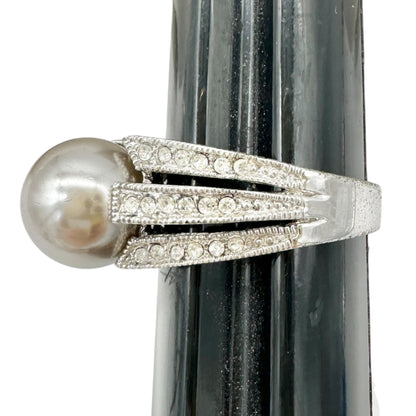 Premier Designs Silver Tone Ring Gray Faux Pearl and Rhinestone Accents Size 10