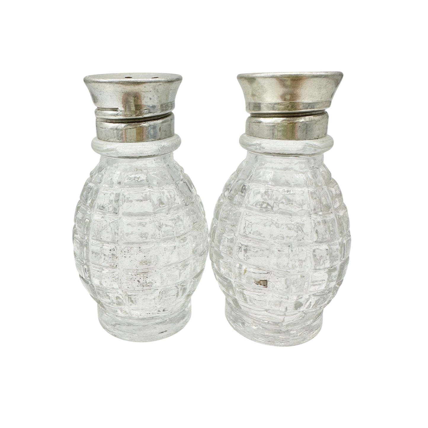 Vintage Glass and Metal Salt and Pepper Shakers 2 Inches Tall Textured Design