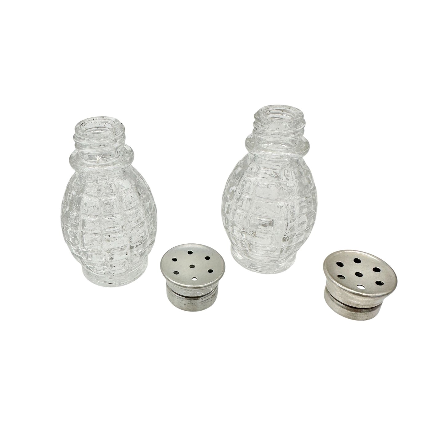 Vintage Glass and Metal Salt and Pepper Shakers 2 Inches Tall Textured Design