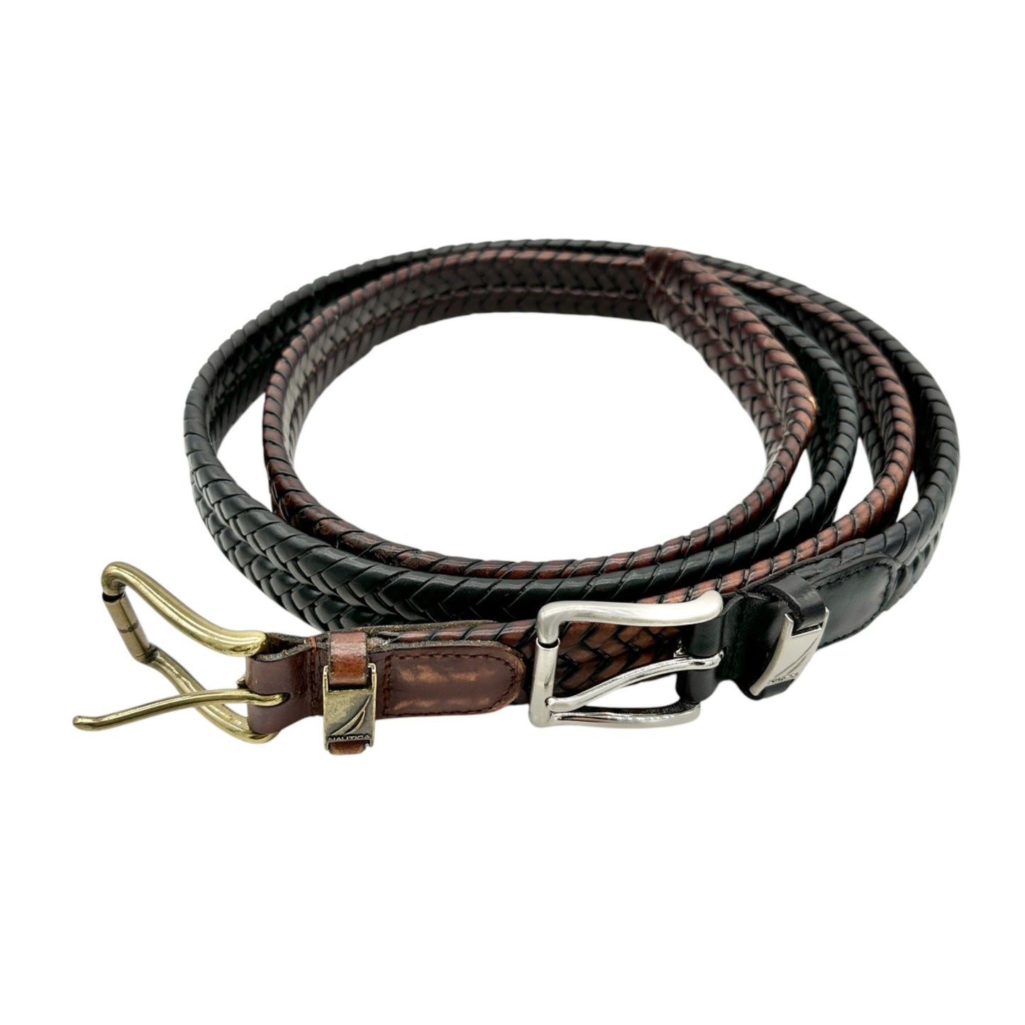 2 Nautica Braided Genuine Leather Belts In Black and Brown Metal Buckles Size 34