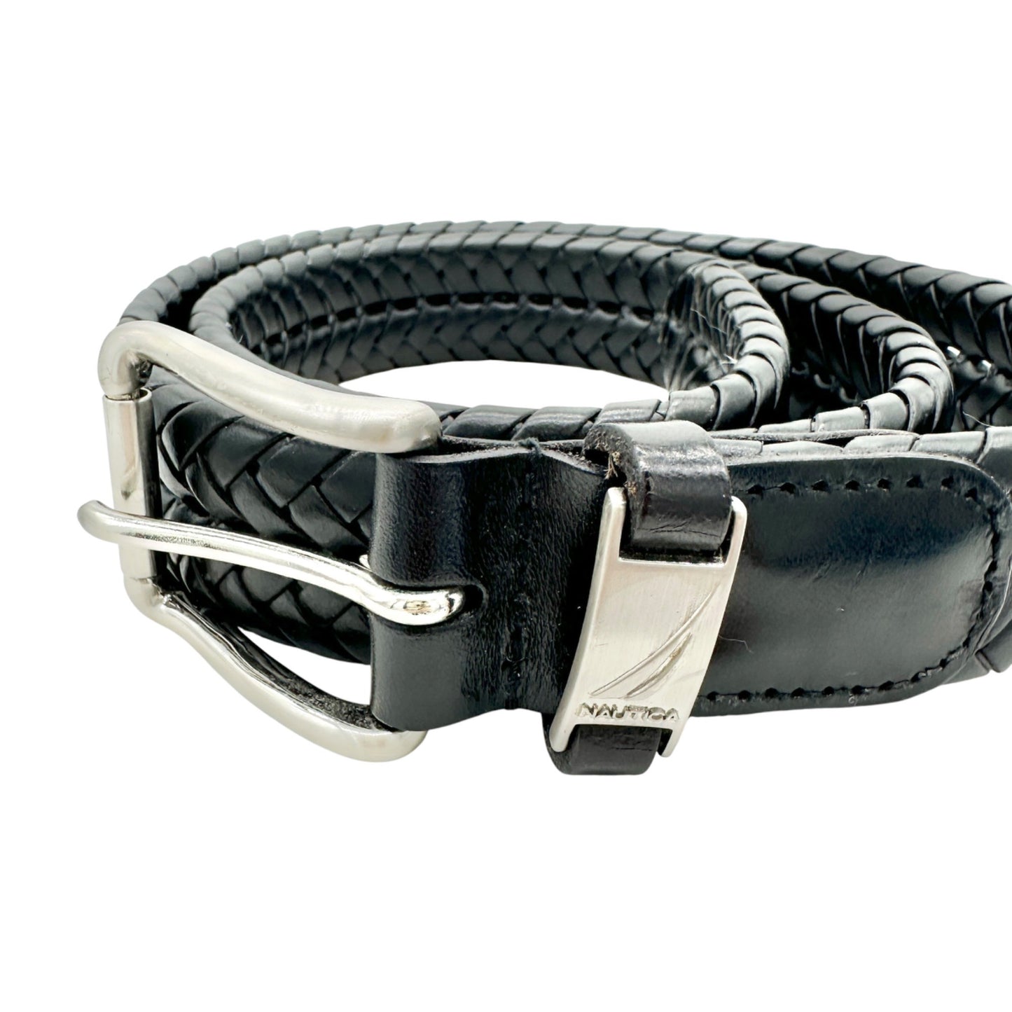 2 Nautica Braided Genuine Leather Belts In Black and Brown Metal Buckles Size 34